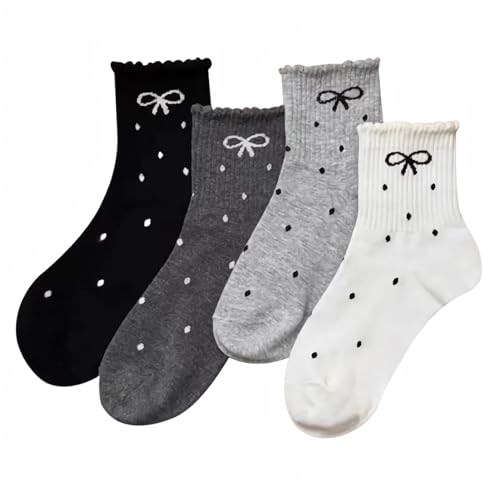 Winatehr frilly bow polka dot coquette socks for girls, cute ruffle aesthetic fashion women socks crew, fall gifts breathable kawaii y2k sock with designs 4 pcs