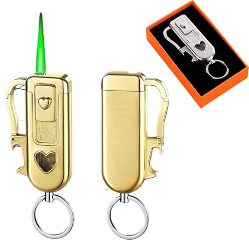 Encendedor portátil de butano con Llavero, Resistente al Viento y abridor de Botellas, Reutilizable for Velas, Puros y Acampada al Aire Libre.(Gold)