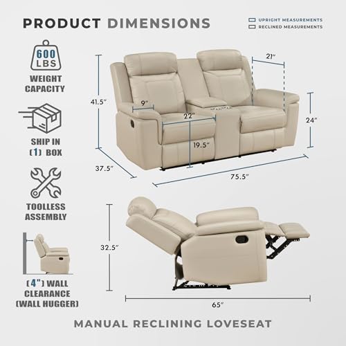 Lexicon Top Grain Leather Match Manual Double Reclining Loveseat with Storage Console, Wall Hugger, Cup Holders, Power Outlets, Charging Ports for Living Room/Theater Seating, Easy Assembly, Beige by Lexicon - Image 5