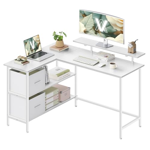 VASAGLE Bureau d'Ordinateur en Forme de L, Bureau d'angle, 2 Tiroirs Spacieux, Support de Moniteur, Étagère Réglable, Blanc Érable LWD098W01