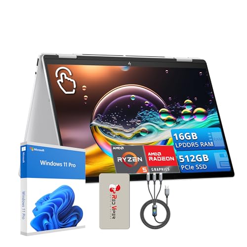 HP Envy x360 14" 2-in-1 Laptop, Touch-Screen WUXGA Display, AMD Ryzen 5 8640HS, 16GB LPDDR5, 512GB PCIe SSD, AMD Radeon Graphics, Backlit Keyboard, Silver, Windows 11 Pro, 128GB Docking Station Set