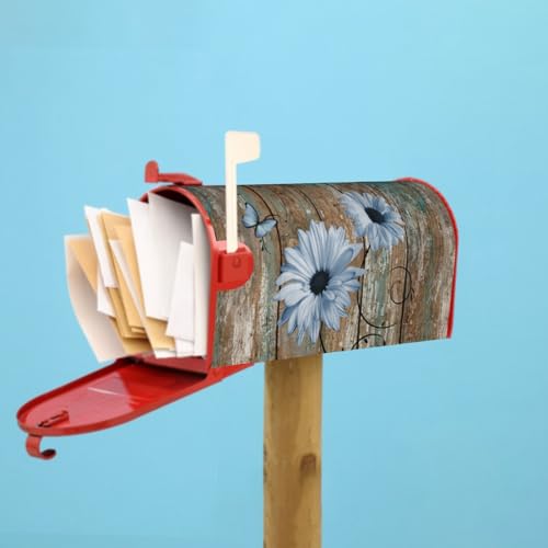 Image of Rustic Daisy Board Mailbox Cover Magnetic, Blue Sunflowers Vintage Wood Grain Plank Mailbox Wrap Letter Post Box Cover for Yard Garden Outside Home Decor, Large Size 25.5x21 Inch