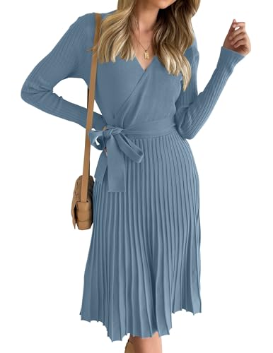 ZESICA Women's Spring Long Sleeve Wrap V Neck Ribbed Knit Pleated A Line Pullover Sweater Dress with Belt Dusty Blue Medium