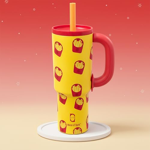 Image of House of Quirk 1200ml Stainless Steel Tumbler with Handle, Straw & Straw Cap | Leakproof Water Bottle | Large Capacity Travel Mug (Hot Fries)