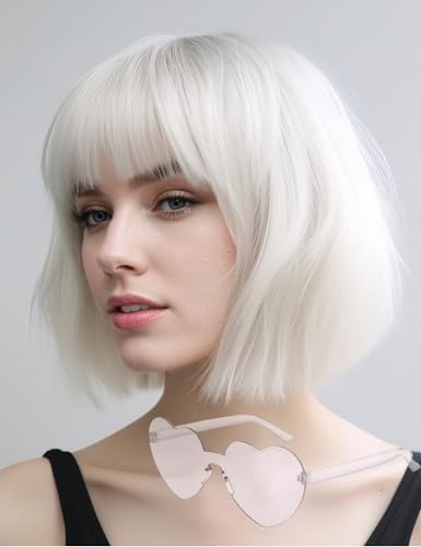 MIUSKATL Wig and Sunglasses 12 Inch Short Bob Wigs with Bangs for Women Costume Cosplay Party (White)