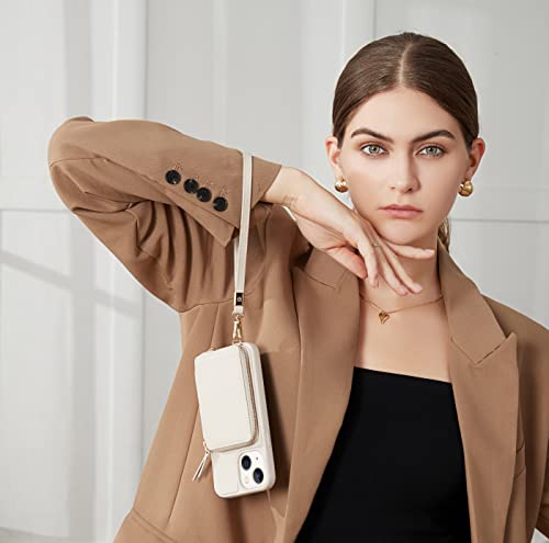 Zve Iphone 14 Plus Wallet Case Crossbody, Zipper Leather Phone Case With Rfid Blocking Card Holder Wrist Strap Present For Women Compatible With Iphone 14 Plus, 6.7", 2022-Beige #TOP6