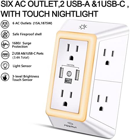 POWRUI Multi Plug 6 Outlet Surge Protector Extender with 3 USB Ports (1 USB C) and Night Light, 3-Sided Power Strip with Adapter Spaced Outlets, ETL Listed, White - 1