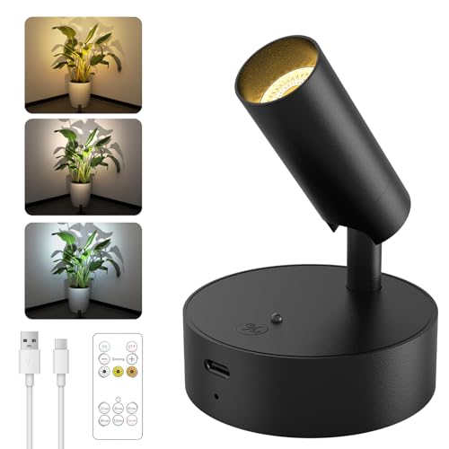 GOODEA Faretto a Batteria Interna 3000mAh,Lampada da Parete Senza Fili Ricaricabile,3 Colori Regolabili, Telecomando con Timer, Nero | Illuminazione per Quadri e Piante