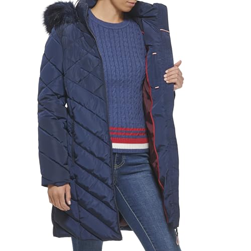 Tommy Hilfiger Women's Faux Fur Trimmed Long Puffer Navy X-Small4