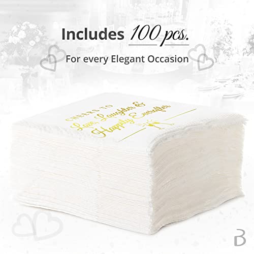 Napkins for Weddings, Rehearsal Dinners, More - "Cheers to Love, Laughter & Happily Ever After" Gold Lettered White Cocktail Napkins, 4.9 sq. in. Fancy Beverage Napkins & Decór by Bollepo (100)