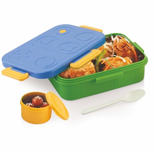ATTRO TicTac Plastic Lunch Box – 3 Compartment Bento Tiffin, Leak-Proof & Durable, Ideal for Kids, School, Picnic– 1200ml+80ml, Blue Green