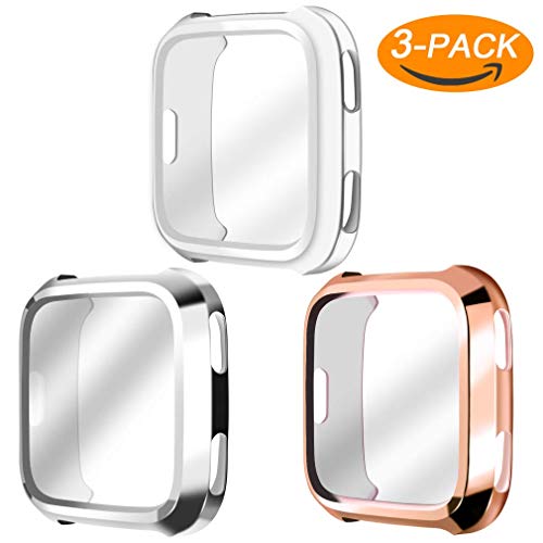 Falandi 3 Packs Screen Protector Case Compatible for Fitbit Versa, Ultra Slim Soft Full Cover Case for Fitbit Versa Face Cover Silver Black Clear (Clear Silver Rose Gold)