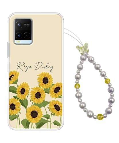 Image of COBERTA Name Customized Back Cover for Vivo Y21 2021 Back Cover Personalized Case with Phone Charm Chain Strap Beads & Pearls for Girls Stylish - Flowers Yellow & Butterfly - CUSTD200