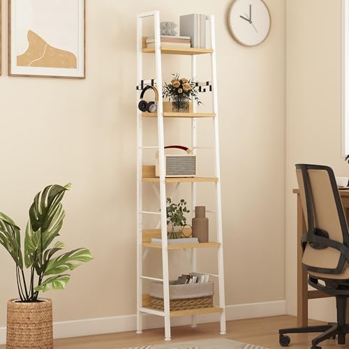 DWVO Narrow Tall Bookcase 5 Tiers, Industrial Ladder Shelf Bookshelf Wooden Shelves and Metal Slim Thin Book Rack Modern Shelving Unit for Living Room, Hallway, Office, White and Oak