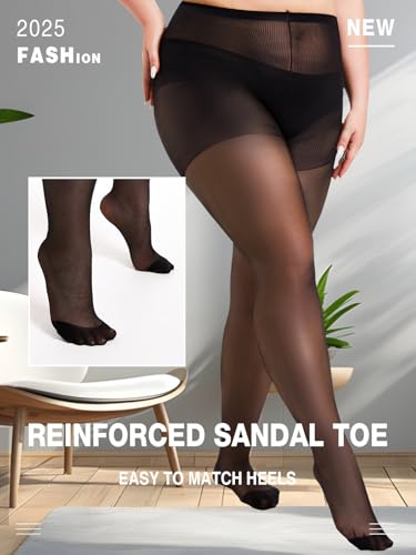Image of MERYLURE Plus Size Sheer Tights for Women,20D Control Top Pantyhose Reinforced Toes High Waist Stockings 3 Pairs 1XL-6XL