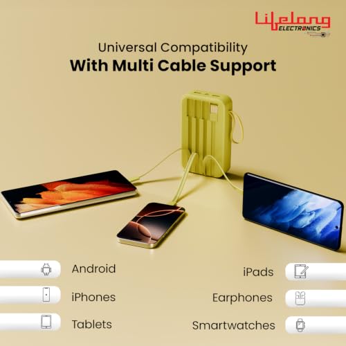 Image of Lifelong Electronics 20000mAh 22.5W Fast Charging Power Bank | 3 Inputs (1 Built-in USB A Cable + 1 C + 1 Lightning Port) & 6 Outputs (3 Built-in Cables + 1 C + 2 A Port) | Small Pocket Size Powerbank