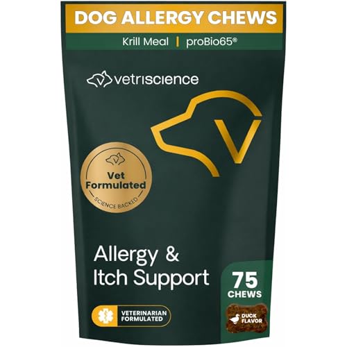 VetriScience Allergy Plus Immune Support Supplement for Dogs Duck Flavor 75 Chews Probiotic Allergy Relief for Dogs with Itchy Skin Paw Licking Watery Eyes Sneezing and GI Support