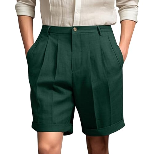 Men's Flat Front Pleat Dress Short Golf Performance Pleated Shorts Expandable Waist Classic Golf Shorts, Green 1, Large