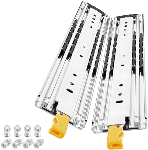 Locking Heavy Duty Drawer Slides 1 Pair 60 62 64 68 72 76 80 Inch Full Extension Ball Bearing Side Mount 3-Fold Industrial Rails, Rail with Lock 500 Lb Load Capacity(36 inch)