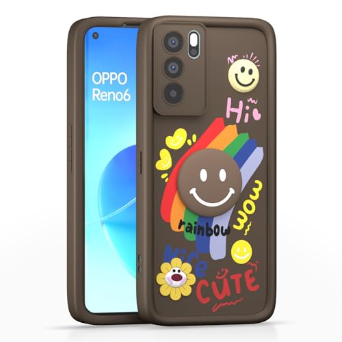 Image of Pikkme Back Cover for Oppo Reno 6 Pro 5G | Soft Silicone| Cute Rainbow Smile & 3D Cartoon Flower Design | Shockproof Raised Camera Protection Bumper Case (Brown)