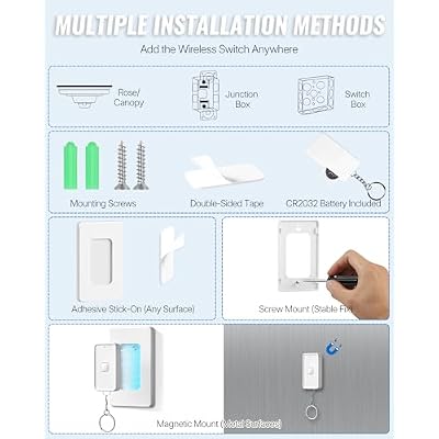 Wireless Light Switch and Receiver Kit, WILAWELS Remote Light Switches, No in-Wall Wiring Required, Remote Control Wall Switch for Ceiling Lights, Fan, 100 Ft RF Range, FCC Listed W15RC1106