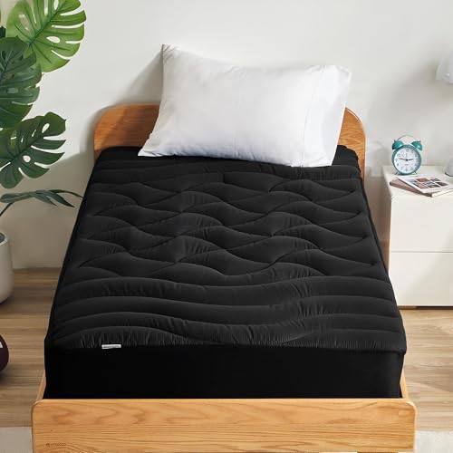 SLEEP ZONE Cooling Twin Mattress Topper for Single Bed Premium Zoned Cool Mattress Pad Cover Padded Mattress Protector Breathable Washable Deep Pocket 8-21 (Black Twin)