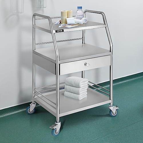 Vevor Utility Cart With 3 Shelves Shelf Stainless Steel With Wheels Rolling Cart Commercial Wheel Dental Lab Cart Utility Services (3 Shelves/ 1 Drawer) #TOP7