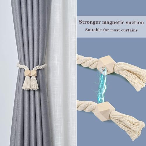 2 Stück Magnetische Vorhang Raffhalter, Gardinenhalter Raffhalter aus Holz Boho, Handgewebt Gardinen Raffhalter, Vorhanghalter, Raffhalter Magnetisch, Baumwollseil für Home Büro Gardinen Deko (Beige)