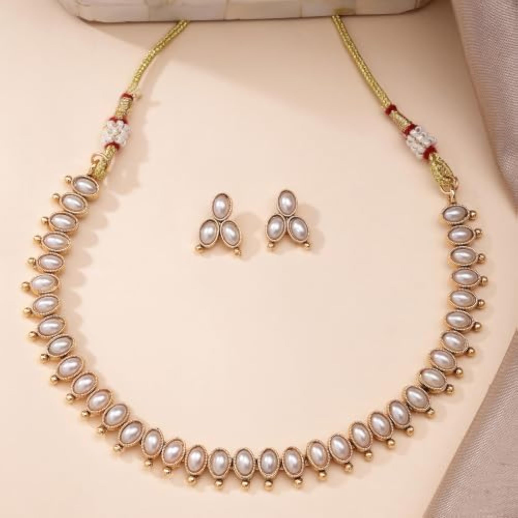 Gold-Plated Stone Studded Pearl Choker Necklace Set, Gift for Her