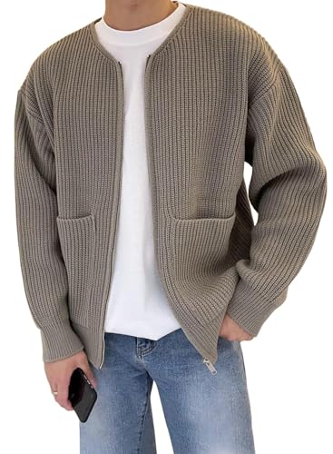 Flygo Mens Cardigan Sweater Zip Up Crewneck Knit Long Sleeve Open Front Casual Sweaters Outwear with Pockets