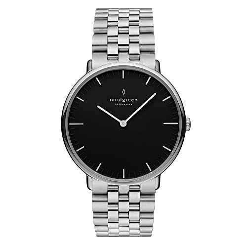 ノードグリーン］Native 北欧デザイン腕時計 ブラックダイヤル シルバー5リンクブレス 40mm