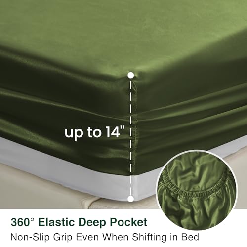Love's cabin Satin King Sheet Sets - 4 Piece Sage Silky Sheets King Size Bed Set with Deep Pocket, Luxury Silk Feel King Size Satin Sheet Set (1 Flat Sheet,1 Fitted Sheet,2 Pillow Cases)