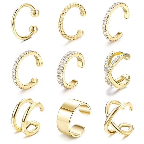 Finrezio 9Pcs Ear Cuffs for Women Non Piercing 18K Gold Plated Cuff Earrings Non Pierced Gold Ear Cuff Clip on Cartilage Earring Adjustable Fake Earrings