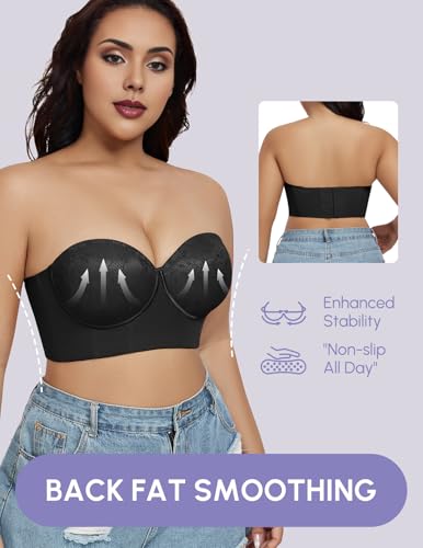 Image of FallSweet Longline Strapless Bra for Large Bust C-DD, Anti-Slip Back Smoothing Convertible Lace Corset for Wedding Party
