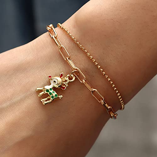 Image of WLLAY Dainty Gold-Tone Layered Paperclip Link Chain Bracelets Snowflake /Deer /Snowman /Wreath Bracelet Christmas Ornament Accessories