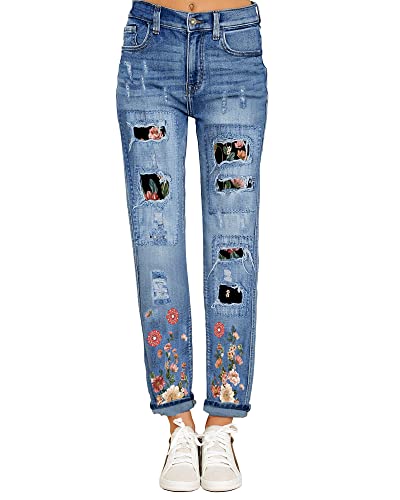 Luvamia Strechy Jeans Pants For Women Denim Outfit For Women Baggy Pants For Women Y2K Blue Patchwork Jeans Distressed Jeans Women High Waist Jeans Floral Patch - Medium Blue Size Medium #TOP3