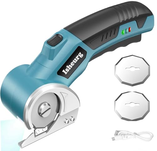 Isheurg Kartonschneider Elektrisch Elektrische Schere Akkuschere Tragbar Rollschneider Akku-Universalschneider Rotationsschneider - 2 Elbstschärfender Klinges - für Papier Pappe Teppich Leder Filz