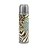  Poeticcity Bouteille d\'eau en acier inoxydable à double paroi avec housse en cuir véritable anti-fuite et isolation sous vide Motif peau de zèbre et léopard 500 ml