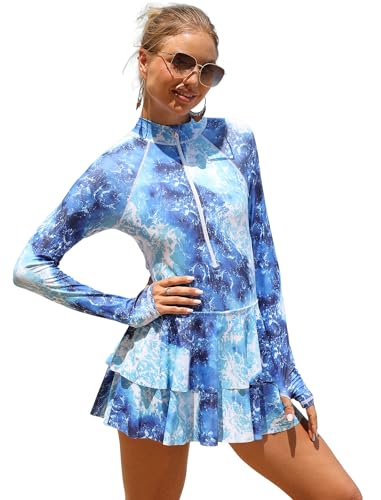 ABEWIP Women's Long Sleeve Rash Guard Zipper Printed One-Piece