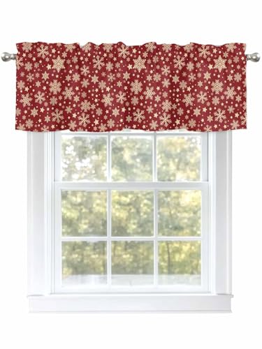 Kitchen Valances for Windows, Christmas Snowflakes Red Valance Curtain Rod Pocket Valance, Winter Snow Star Short Curtains Window Topper for Bedroom Bathroom Living Room 42x12in