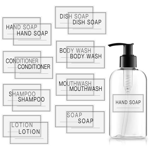 48PCS Clear Waterproof Labels for Bottles, Shampoo and Conditioner Dispenser Label,Transparent Soap and Lotion Stickers for Bathroom Organization (Black on Clear)