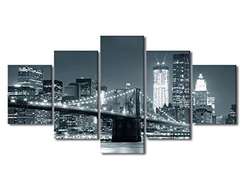 5 Piece Modern Canvas Painting Brooklyn Bridge Wall Art The Picture for Home Decoration New York City Landscape Print On Canvas Giclee Black and White Artwork for Wall Decor Ready to Hang(60"Wx32"H)