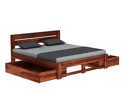 Image of MURARAKA ARTWooden Queen Size Cot with Drawer Storage - Solid Wood Queen Bed - Cot Akka Bed - Stylish Bedroom Furniture (Queen, Denzel, Honey Finish)