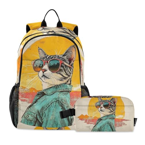 Travel Backpack Lunch Bag Set for Hiking Picnic, Backpacks with Insulated Lunch Box Fashion Cat Print