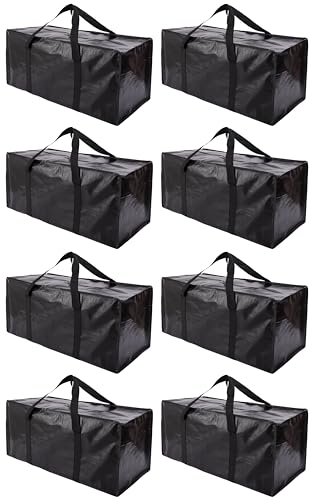 Extra Large Moving Bags with Zippers & Carrying Handles, Heavy-Duty Storage Tote for Space Saving Moving Storage, Fold Flat, Alternative to Box and Bin - 8 Pack, Black