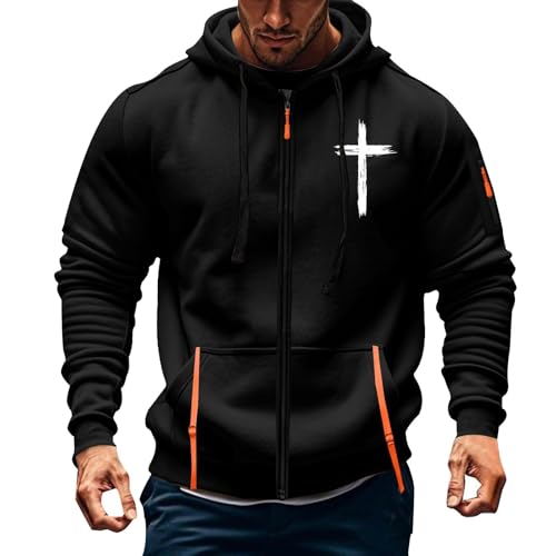 Shunking Full Zip Hoodies for Men Cross Religious Christian Graphic Shirt Long Sleeve Spring Sweatshirts with Zipper Pocket (Black, XXL)
