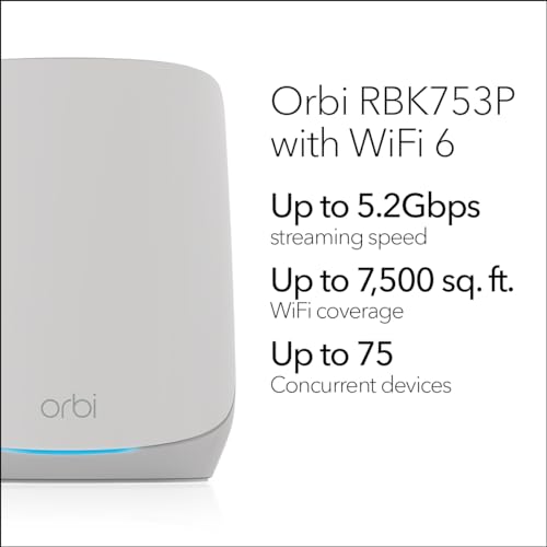 Image of NETGEAR Orbi Whole Home Tri-Band WiFi 6 Mesh Network System (RBK753P) - Router with 2 Satellite Extenders - Security Features - Coverage up to 7,500 sq. ft., 75 Devices - AX5200 (Up to 5.2Gbps)