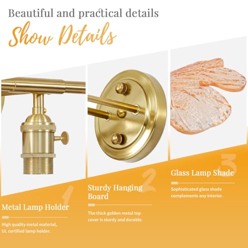 Image of 3 Light Bathroom Vanity Lighting, Gold Brass Wall Mount Light with Amber Flower Petal Glass Shade, Mid Century Vanity Lights Over Mirror for Living Room Hallway
