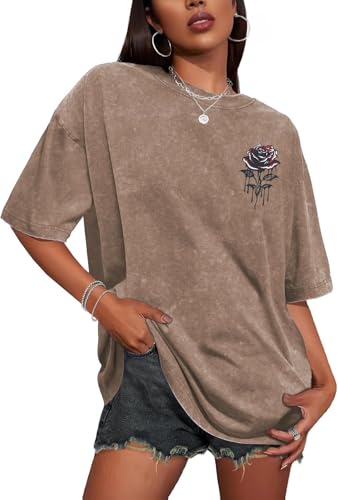 T Shirt für Damen Oversize Rundhalsausschnitt Tops Sommer Basic Tees Bluse(Khaki Blume L)