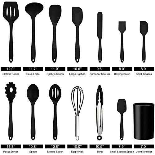 Lianyu 14 Pcs Cooking Utensils Set With Holder, Heat Resistant Silicone Kitchen Cookware Utensils Set, Kitchen Cooking Tools Includes Spatula Spoon Turner Whisk Tong, Dishwasher Safe, Black #TOP1
